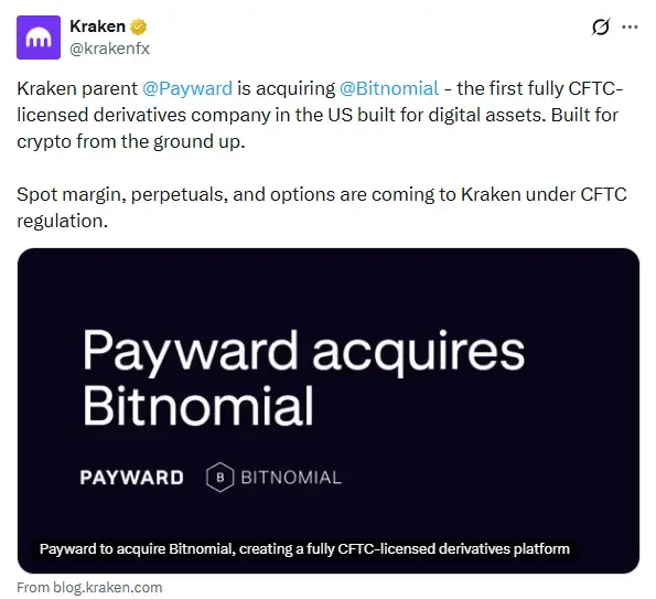 Kraken tweet confirms Payward acquiring Bitnomial to launch CFTC-regulated crypto derivatives trading services