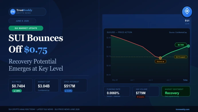SUI/USD price chart showing recovery from $0.75 support level, June 2026 — TronWeekly