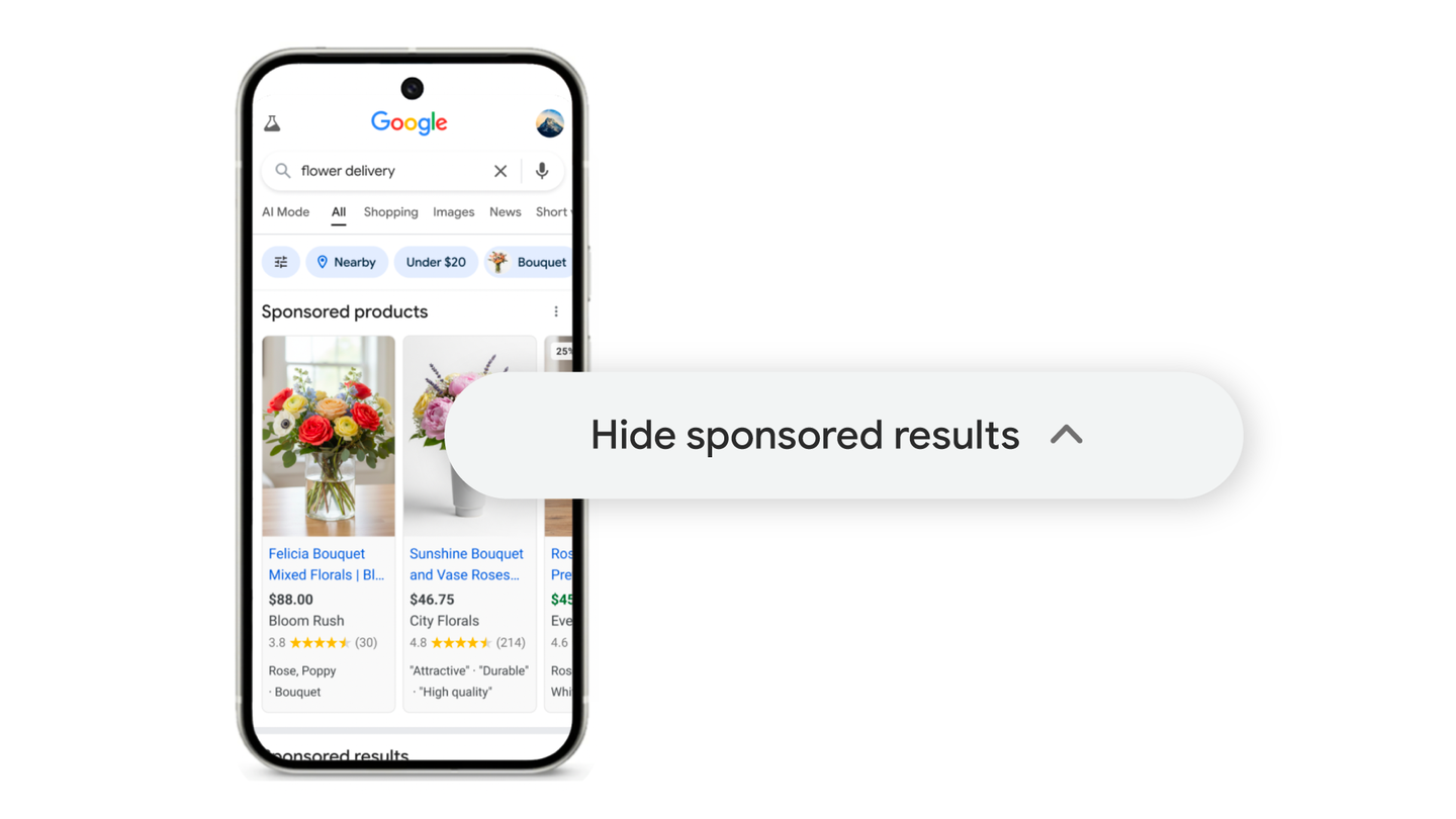 Google permite ocultar anuncios en búsquedas mientras introduce resúmenes con IA en Discover