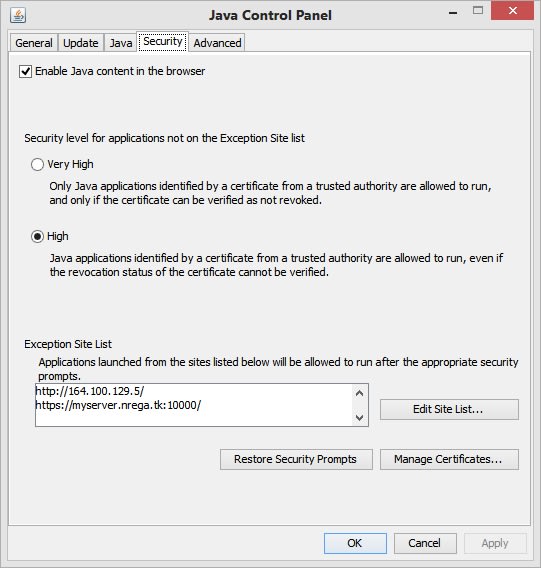 Security Tab of Java Control Panel