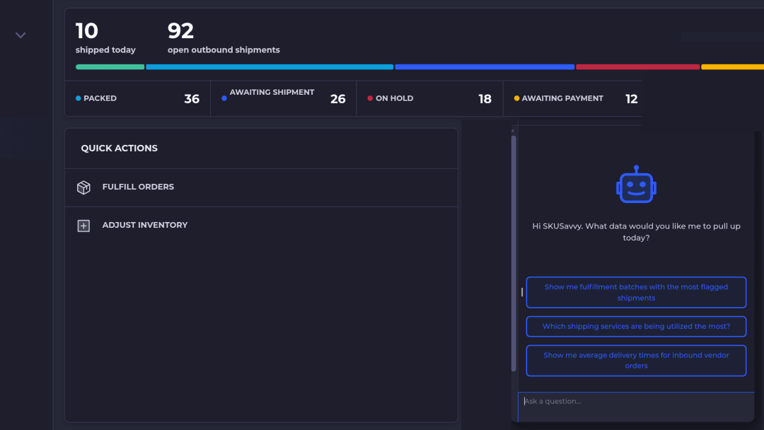 SavvyBot assistant open beside the SKUSavvy dashboard with suggested questions about flagged batches, shipping services, and inbound delivery times