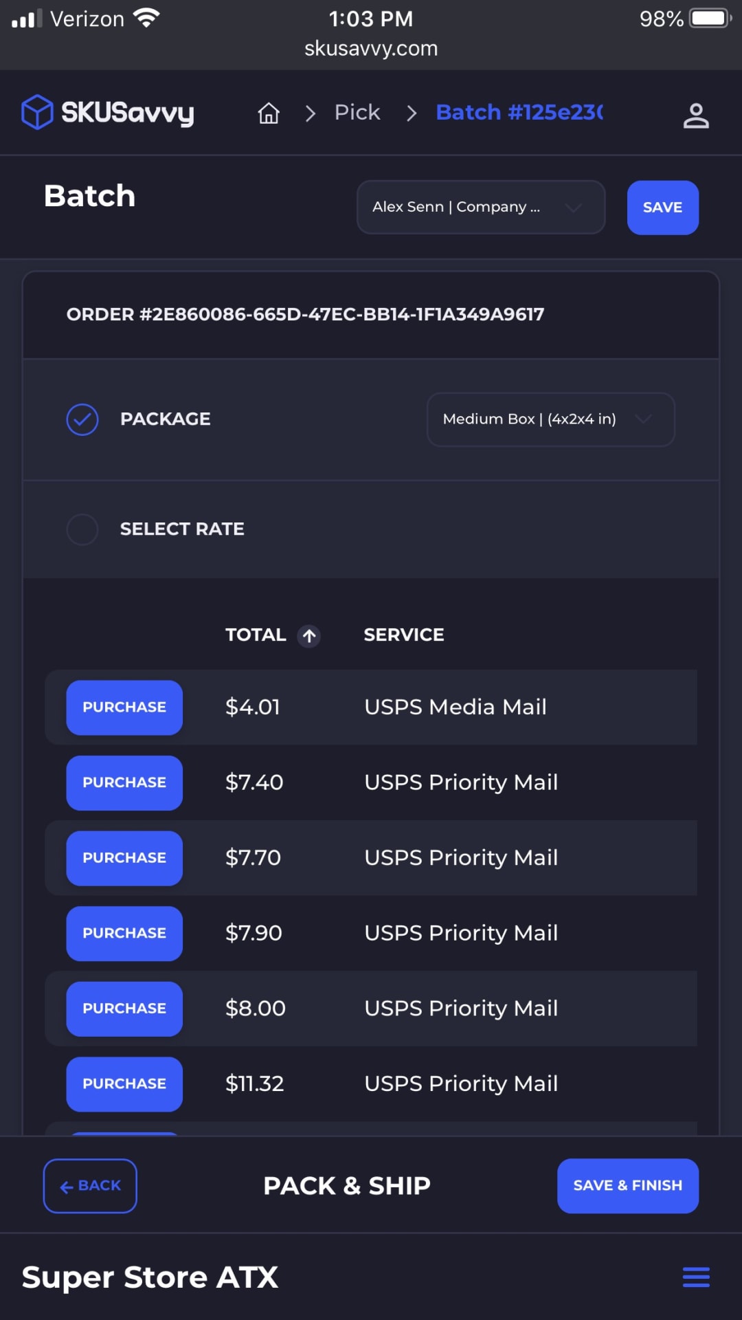 SKUSavvy Pack and Ship screen on a phone showing package size and USPS shipping rates to purchase for an order