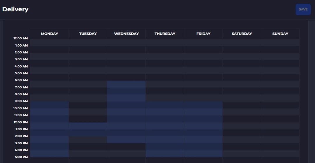 SKUSavvy customer delivery window schedule showing highlighted receiving hours for each day of the week