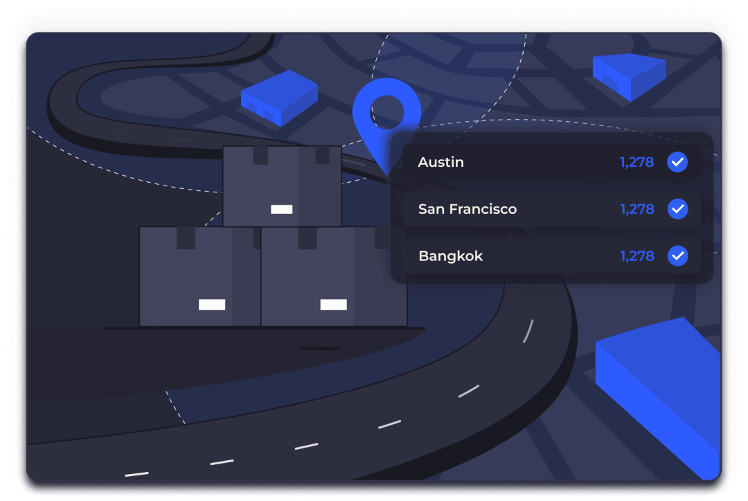 Illustration of stacked boxes on a map with stock counts for warehouses in Austin, San Francisco, and Bangkok