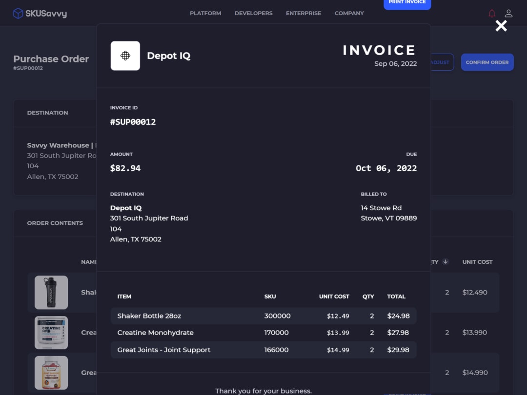 Vendor invoice for a SKUSavvy purchase order showing invoice ID, due date, destination, and line item costs