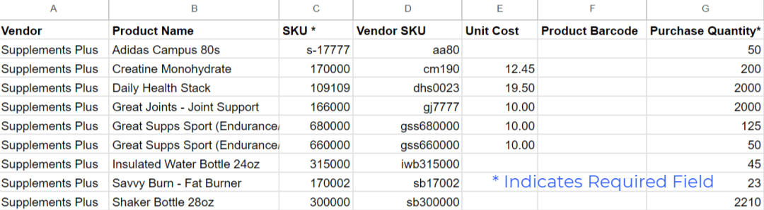 purchase order import template