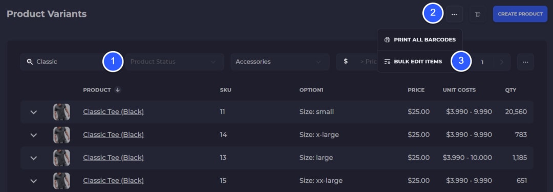SKUSavvy product variants list with filters applied and the 3-dot menu open to Bulk Edit Items
