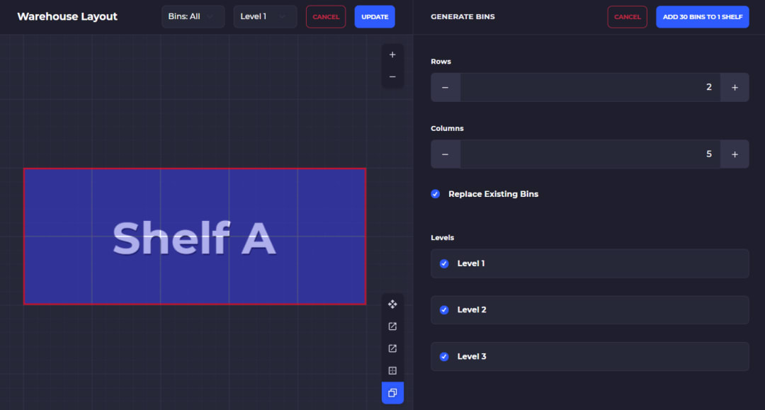 generate bins in skusavvy visual warehouse management system