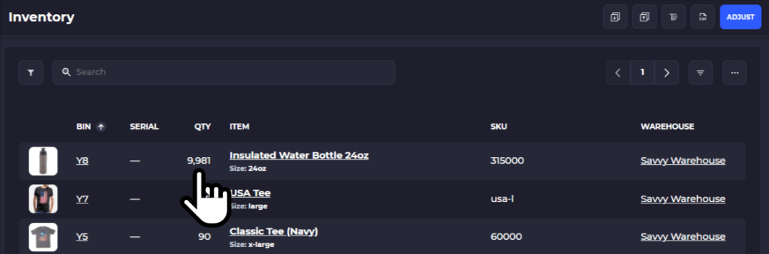 click to adjust inventory on skusavvy