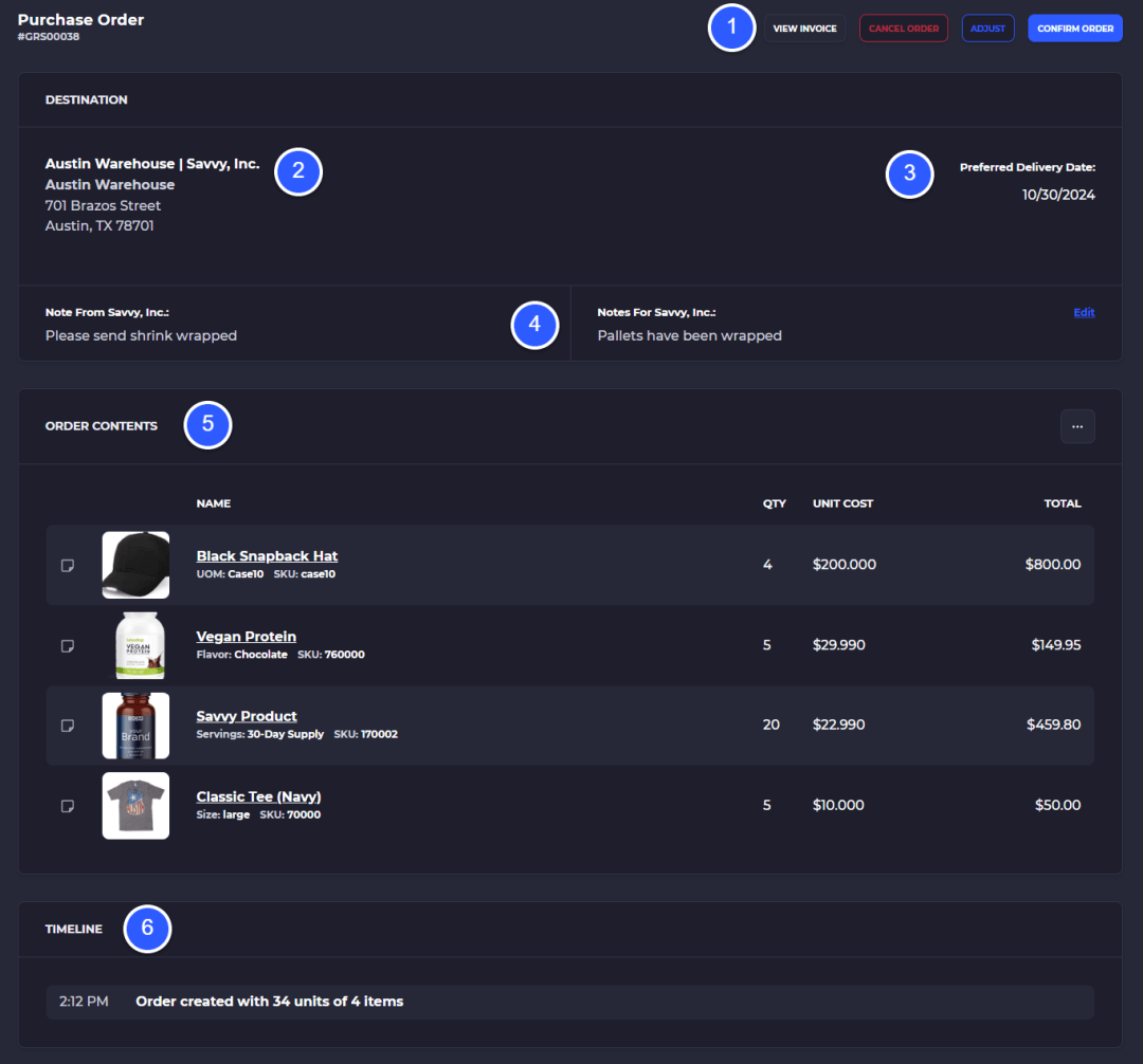 Vendor view of a SKUSavvy purchase order with destination, delivery date, notes, order contents, and Confirm Order button