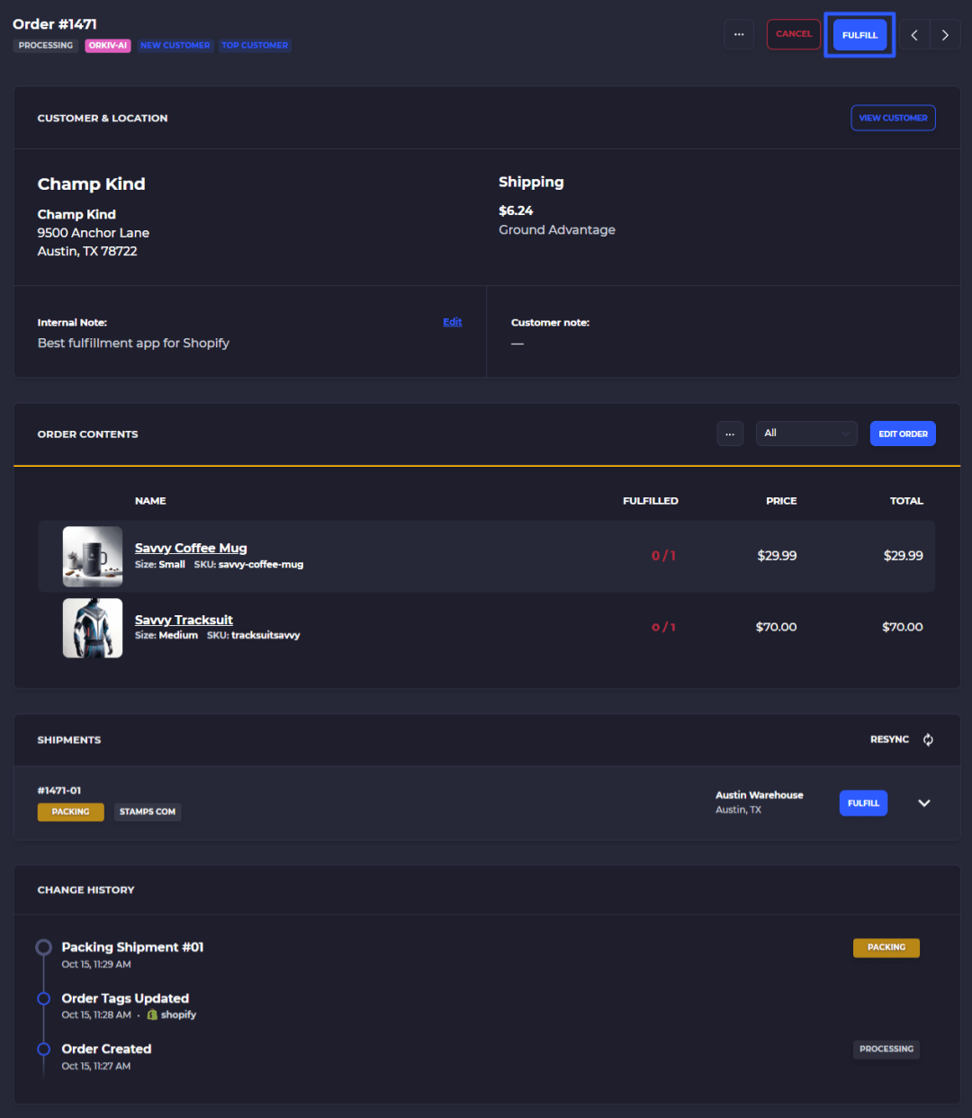 SKUSavvy outbound order page with order contents, a packing shipment and the Fulfill button highlighted