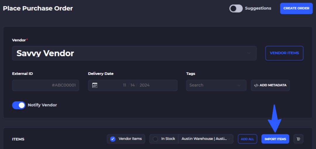 create purchase order from import csv