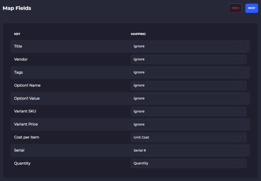 SKUSavvy Map Fields step for purchase order import, mapping CSV columns like cost, serial, and quantity