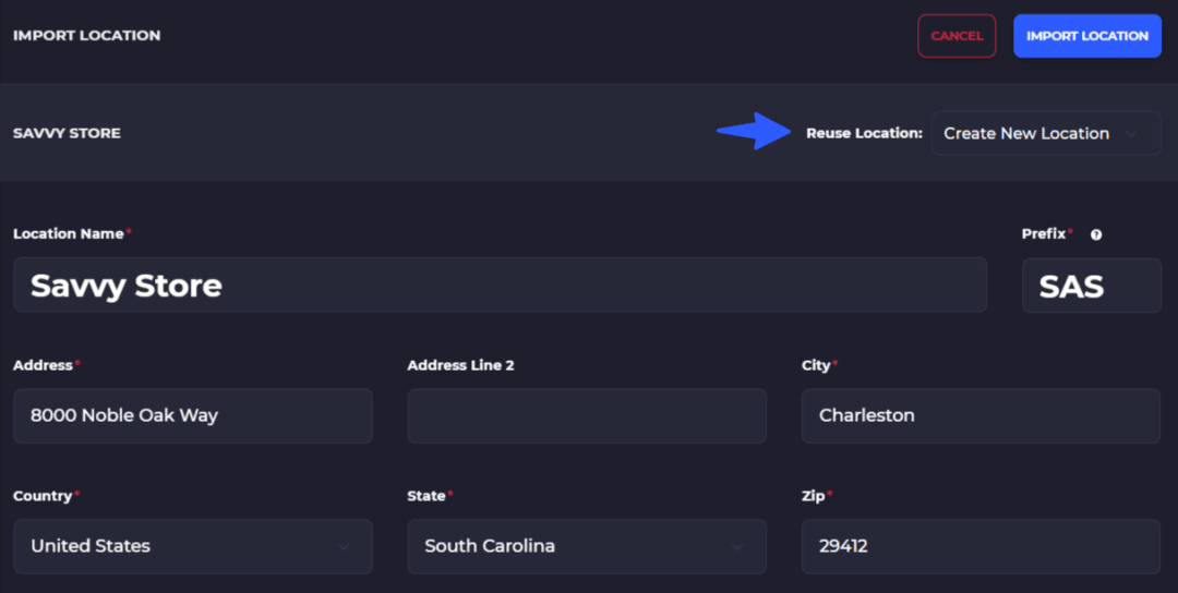 create a new location on skusavvy