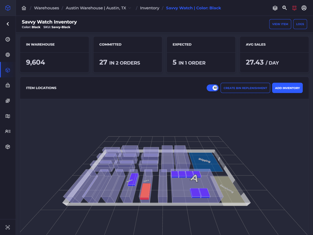 SKUSavvy item inventory screen with stock, committed, and expected counts and a 3D map of bin locations