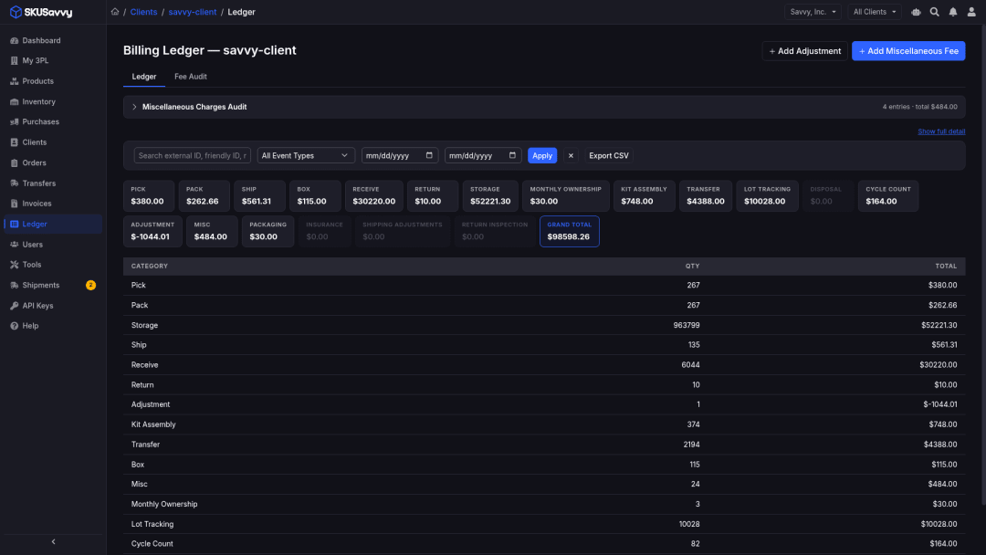 3PL client portal ledger with invoice links and billing row context for transfers and movements