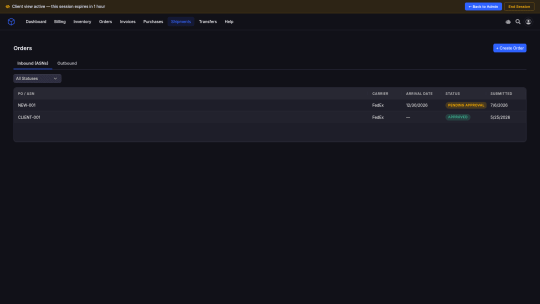 3PL client portal orders and ASN views with line items, quantities, and inbound status