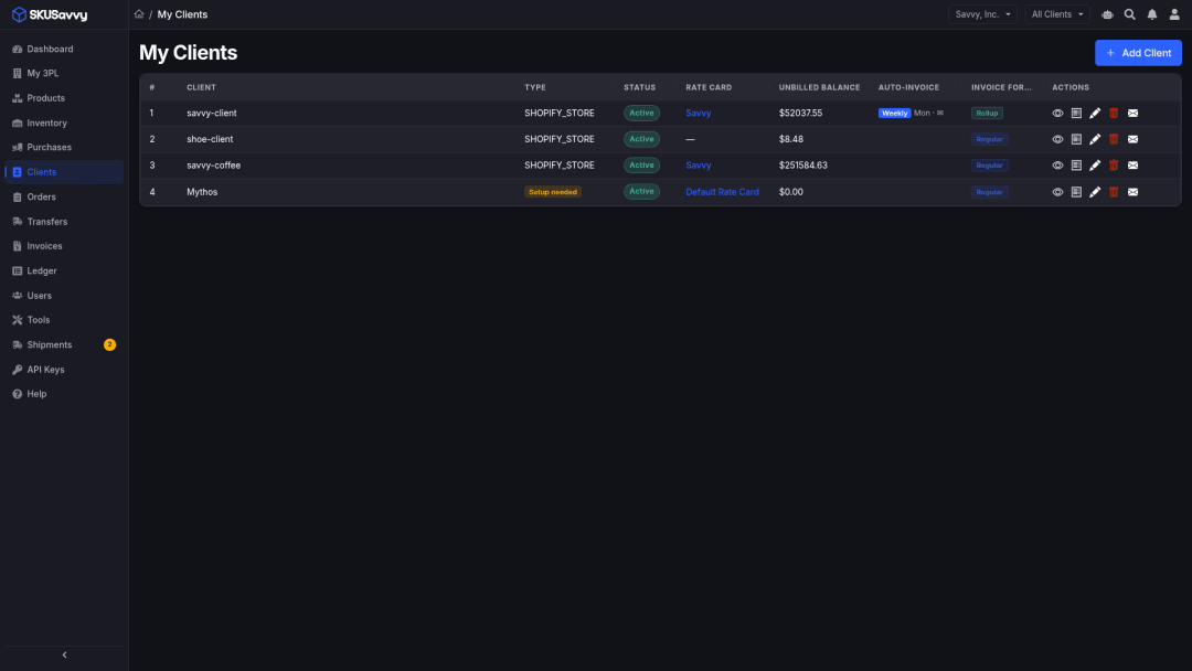 3PL operator client list for multi-client rate card assignment