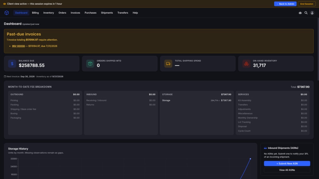 Client portal dashboard with month-to-date storage fees and on-hand inventory