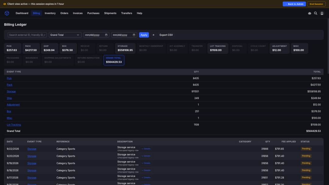 Client billing ledger with pick, pack, storage, and other 3PL fees