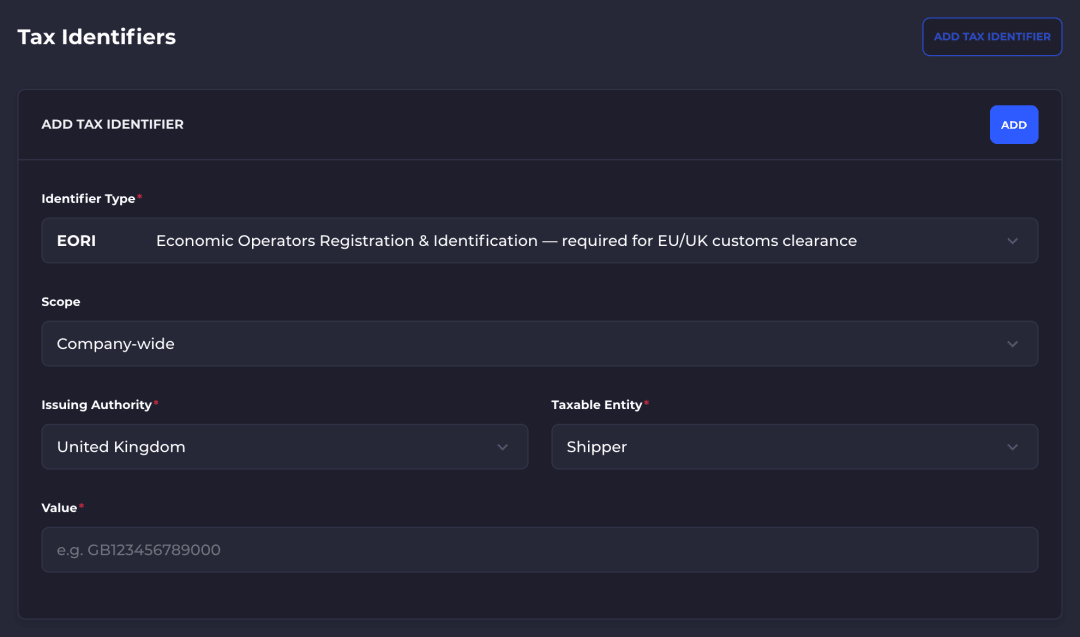 The Tax Identifiers page under Carriers. It shows a table with the columns Applies To, Identifier, Authority, Entity and Value, and an Add tax identifier button.