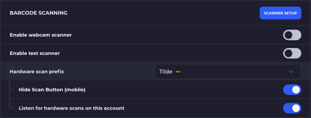 The Barcode Scanning section with the Scanner Setup button in the header. It shows the Enable webcam scanner and Enable test scanner toggles, the Hardware scan prefix select, and below it the Listen for hardware scans on this account toggle and the Hide Scan Button (mobile) toggle.