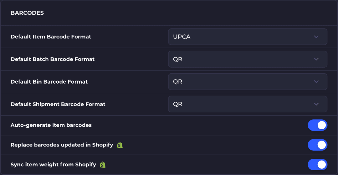 The Barcodes section with four format selects, Default Item Barcode Format, Default Batch Barcode Format, Default Bin Barcode Format and Default Shipment Barcode Format, each set to QR. Below them are the Auto-generate item barcodes, Replace barcodes updated in Shopify and Sync item weight from Shopify toggles.