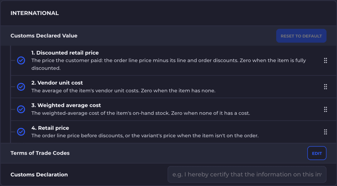 The International section of the settings page showing the Customs Declared Value card with its four value sources in priority order, the Terms of Trade Codes card, and the Customs Declaration field.