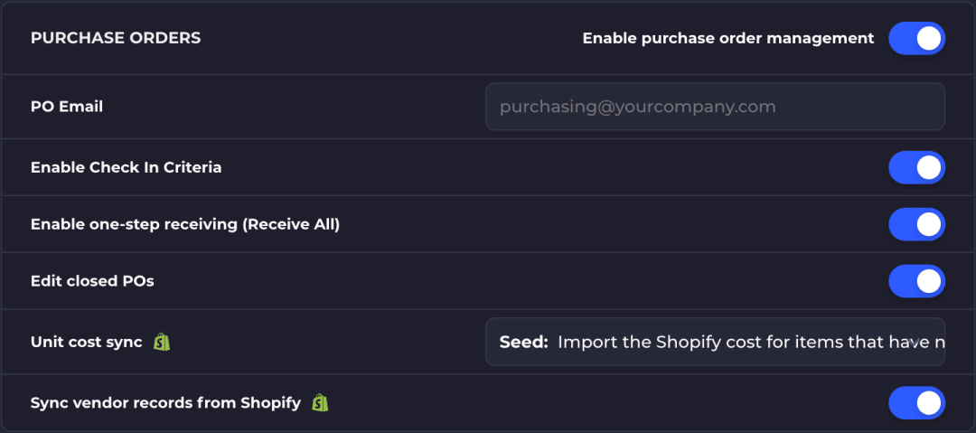 The Purchase Orders section of company settings with the Enable purchase order management toggle on. Below it are the PO Email field, the check-in toggles, the Unit cost sync select, and the Sync vendor records from Shopify toggle.