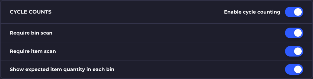 The Cycle Counts section of company settings with the Enable cycle counting toggle on. Below it are the toggles Require bin scan, Require item scan, and Show expected item quantity in each bin.