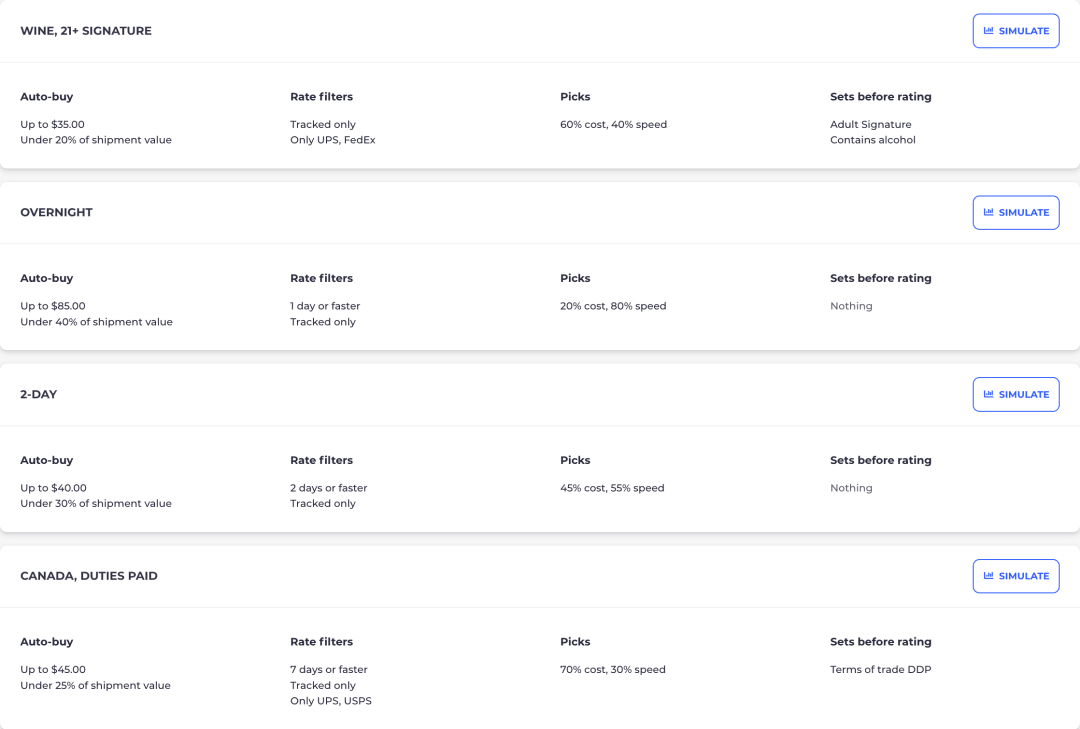 AutoPilot strategy summaries showing auto-buy caps, rate filters, the cost and speed balance, and the advanced options each strategy sets