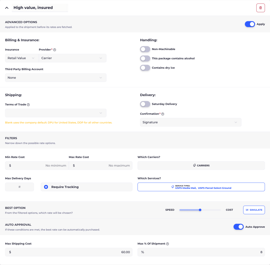 Editing a high-value AutoPilot strategy: advanced options add retail-value insurance and a signature, filters require tracking, and auto approval caps the label at $60 or 8% of the shipment value