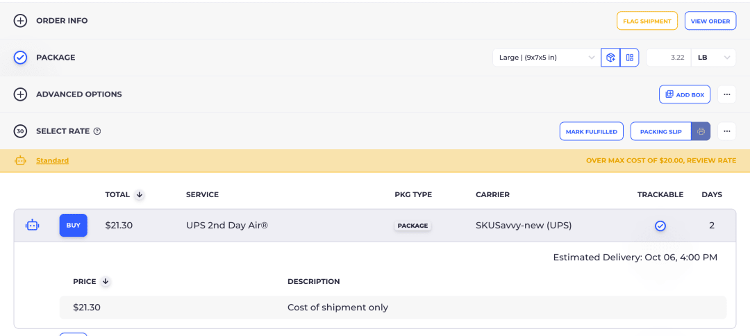 The AutoPilot bar on the pack screen turns yellow: the Standard strategy picked UPS 2nd Day Air at $21.30, over its $20.00 max cost, so the label waits for review