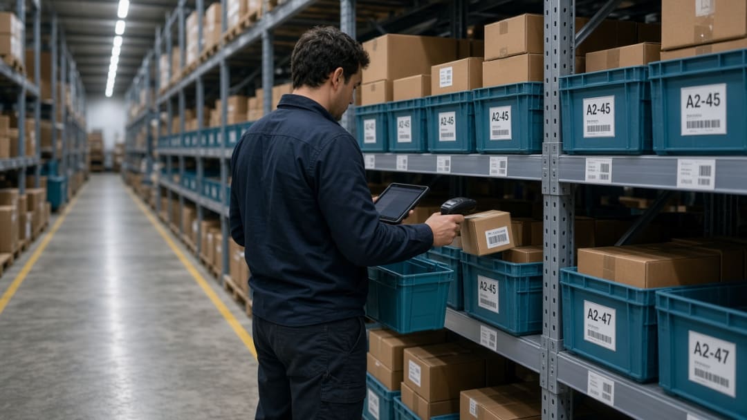 Warehouse associate scanning bins while picking with a tablet
