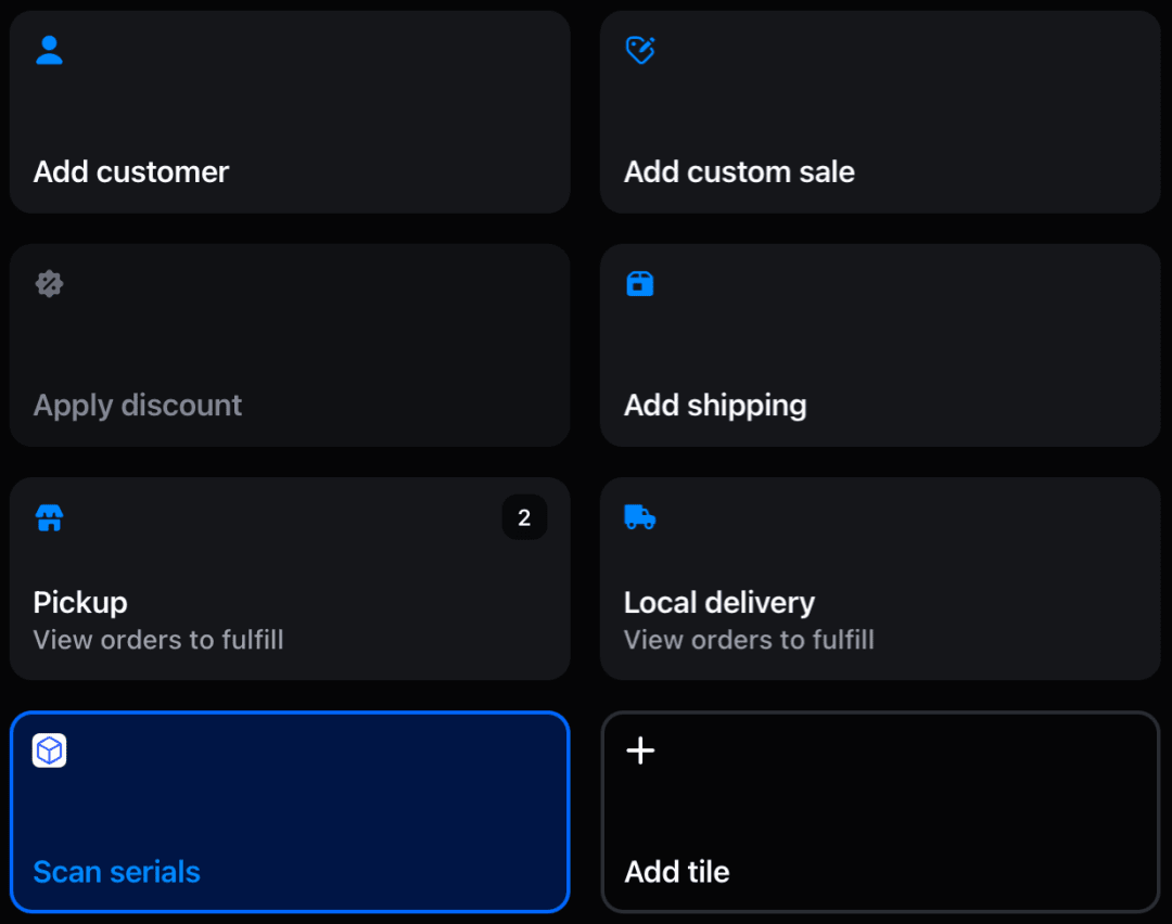 Shopify POS home screen on an iPad with the Scan serials tile added to the smart grid