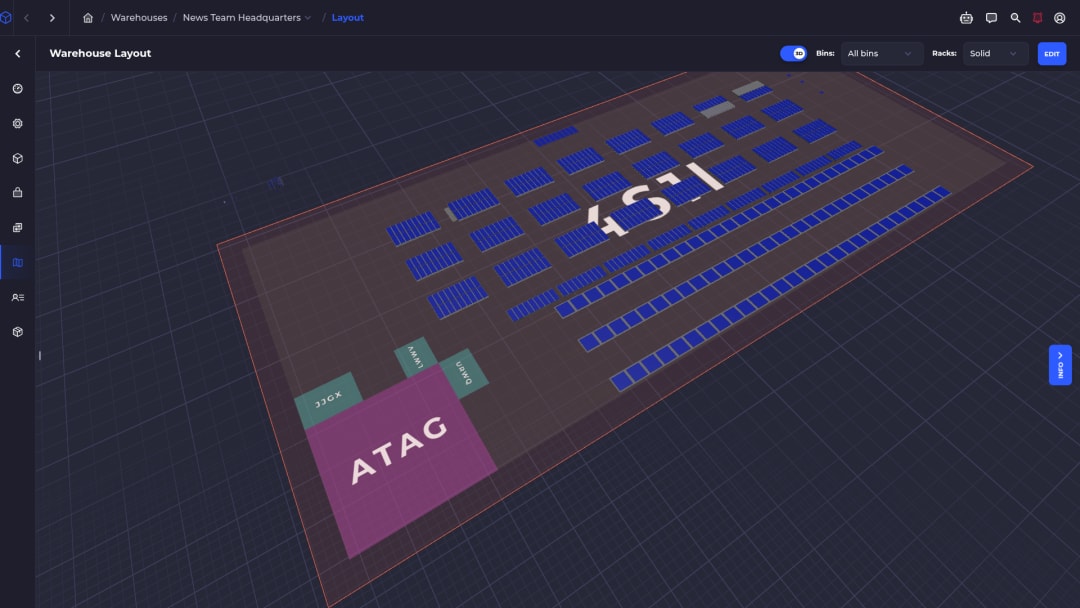 SKUSavvy 3D warehouse layout with shelves and bins, included in every plan