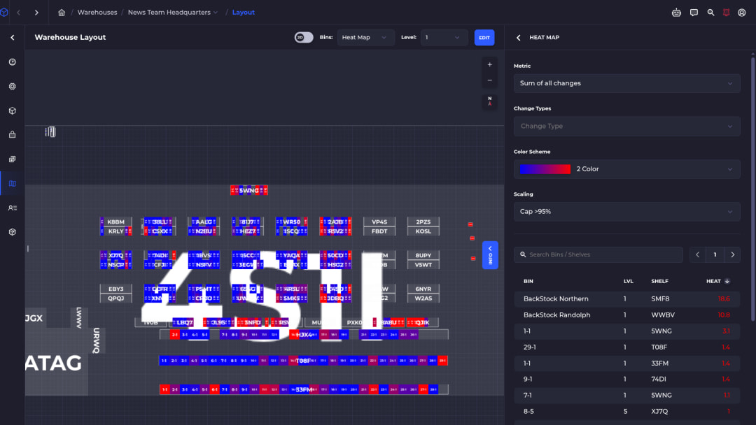 SKUSavvy warehouse heat map coloring bins by activity, with a ranked list of the busiest bins