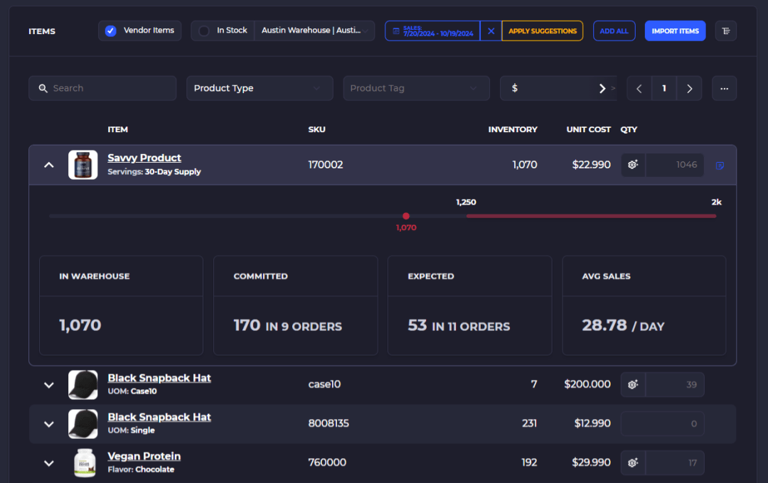 SKUSavvy purchase order lines with suggestions applied, showing unit cost, suggested quantity, and inventory, committed, and expected counts per item