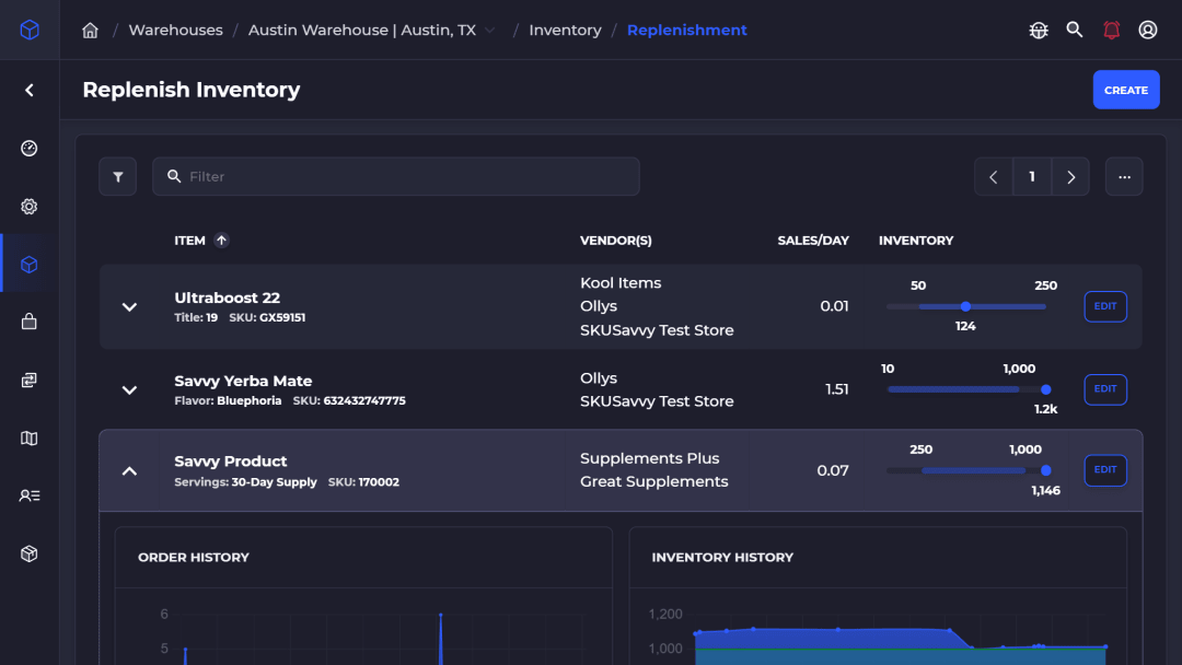 SKUSavvy Replenish Inventory screen with a min and max per item, sales per day, vendors, and order and inventory history