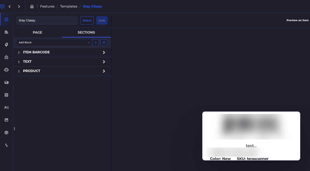 SKUSavvy Custom Templates editor with a 2 x 1 inch item label template: block editor and live preview