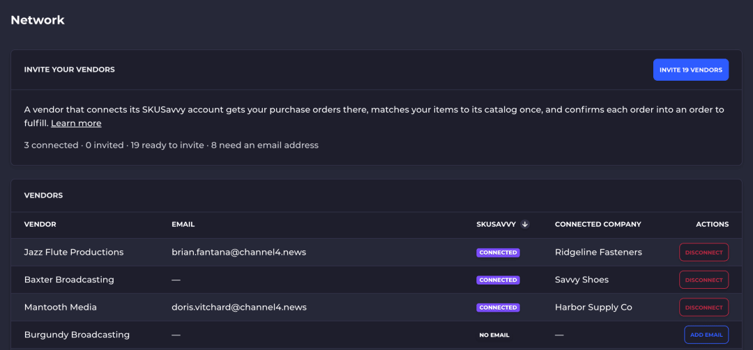 The Network tab in SKUSavvy vendors, listing each vendor with its email, whether it is connected or needs an email, the company it is connected to, and Disconnect and Add email actions