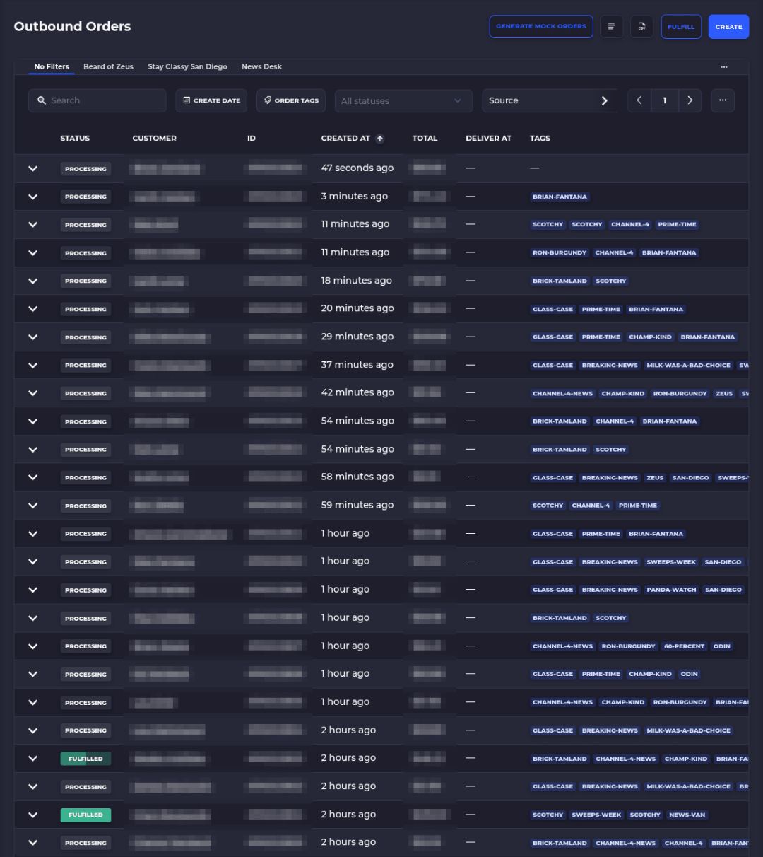 SKUSavvy Outbound Orders list grouped by order with the filter bar