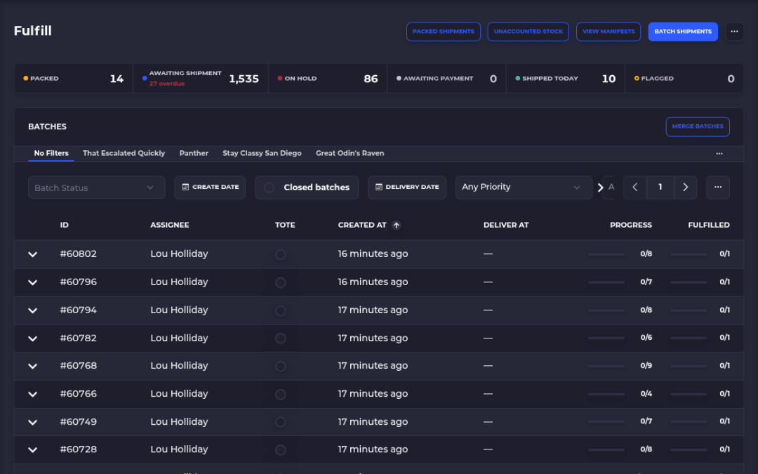 SKUSavvy Fulfill Orders hub with order status counts, flagged shipments and batches in progress