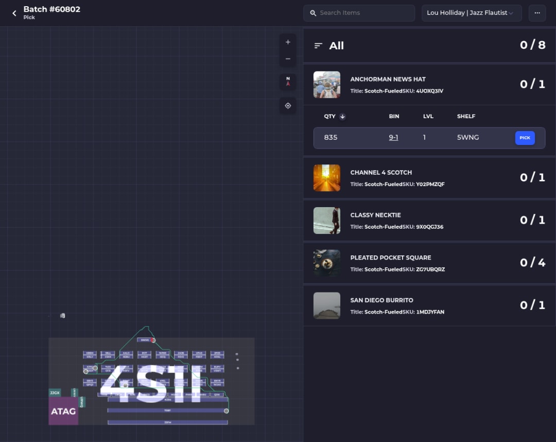 SKUSavvy batch pick screen showing the routed pick path on the warehouse map and the current item's shelf, level and bin