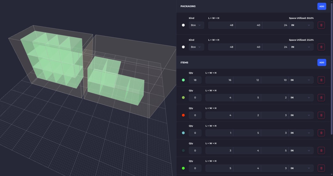 SKUSavvy Palletizer 3D view of cartons stacked on a 48 by 40 inch pallet