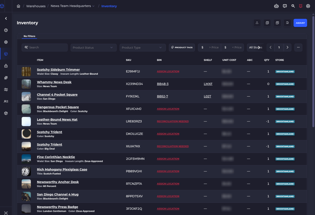 SKUSavvy inventory flat list showing products with bin and location stock