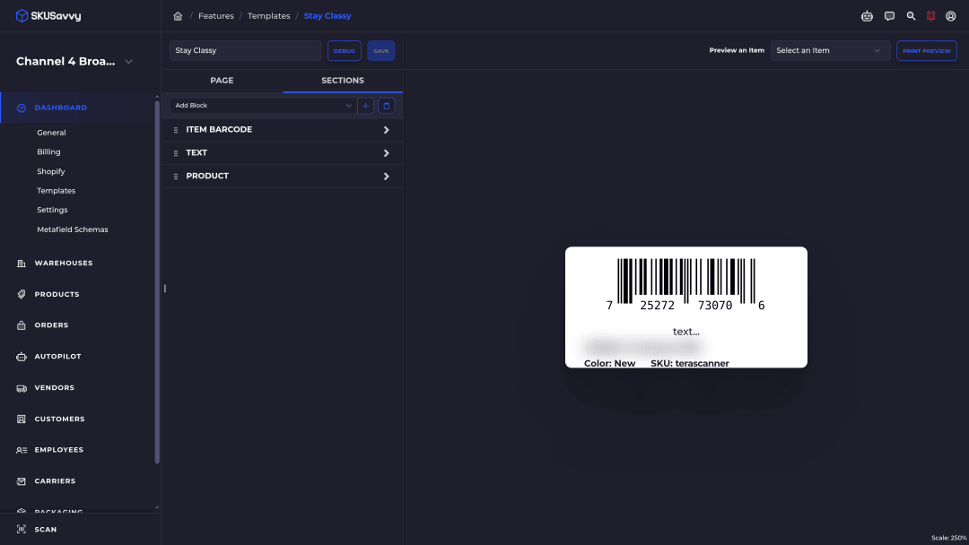 SKUSavvy label editor with a barcode product label template and print preview