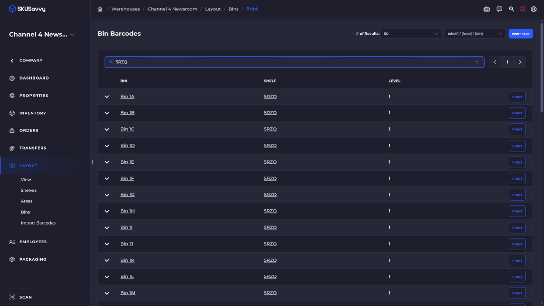SKUSavvy Bin Barcodes list with the shelf/level/bin format dropdown