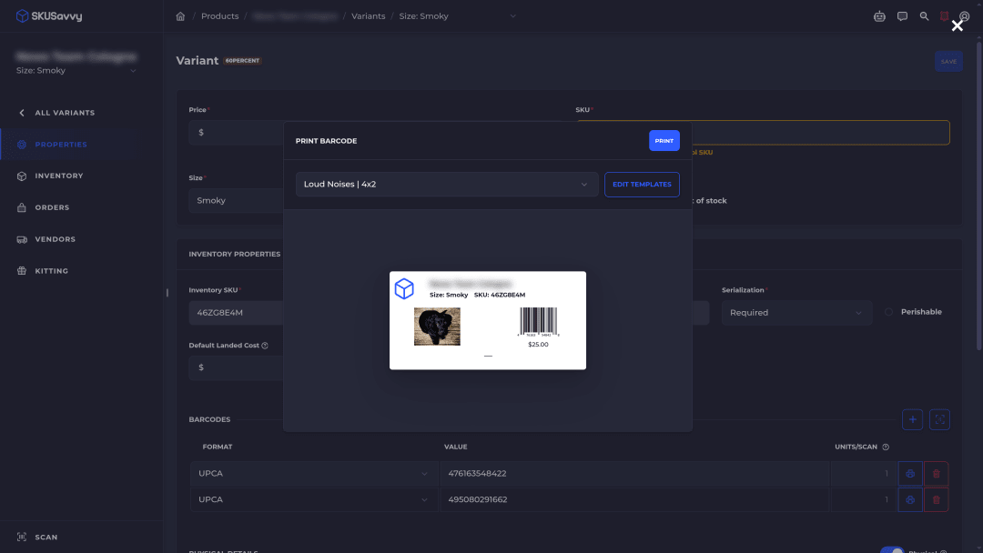 SKUSavvy product variant barcode with the product label template picker