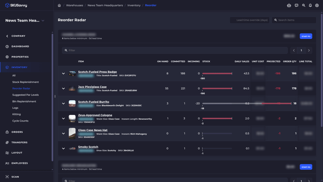 SKUSavvy Reorder Radar grouping items by vendor with suggested reorder quantities